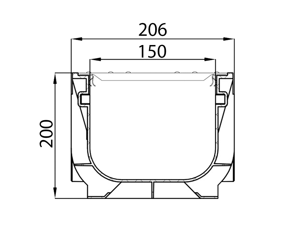 Лоток водоотводный пластиковый BASE DN150 H200 с решеткой щелевой стальной оцинкованной A15 (1000x206xH200мм)